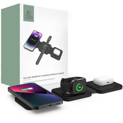 Tech-Protect 3in1 15W-A24 MagSafe salokāms lādētājs - Black